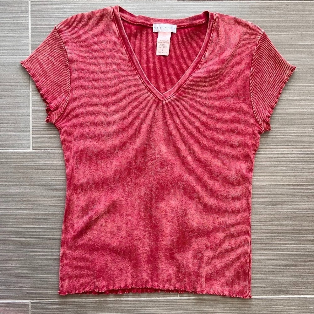 Fitigues Ribbed V Neck T Shirt L Red 100% Cotton Made USA Short Sleeve